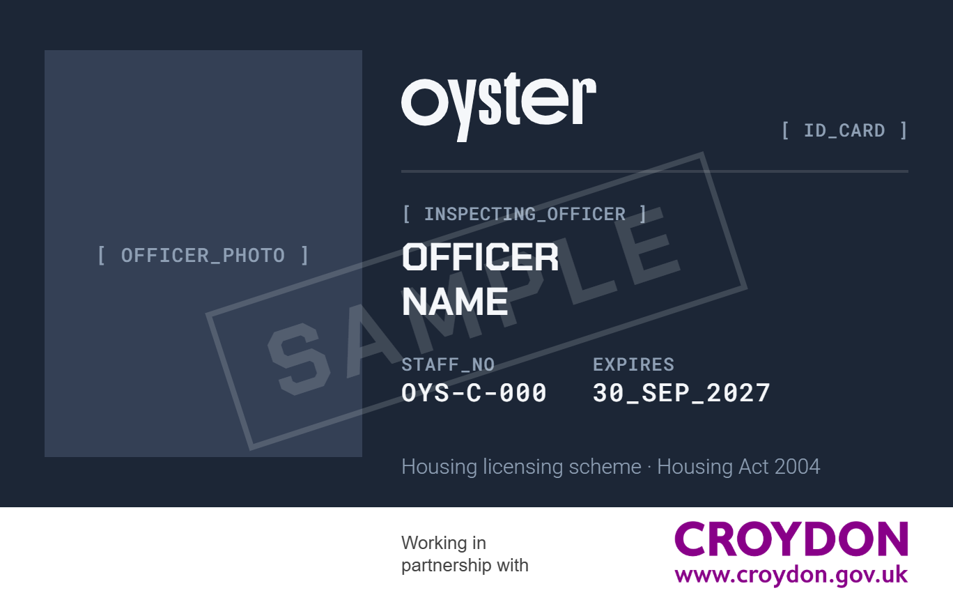 Sample badge, front: the officer's photograph, the Oyster logo, Inspecting Officer, the officer's name, staff number OYS-C-000 and expiry date, working in partnership with Croydon Council